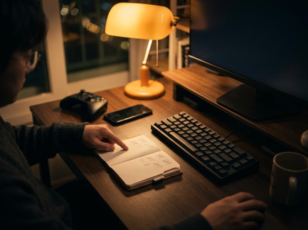 게임 책상에서 서로 다른 마감 일정을 메모하는 장면