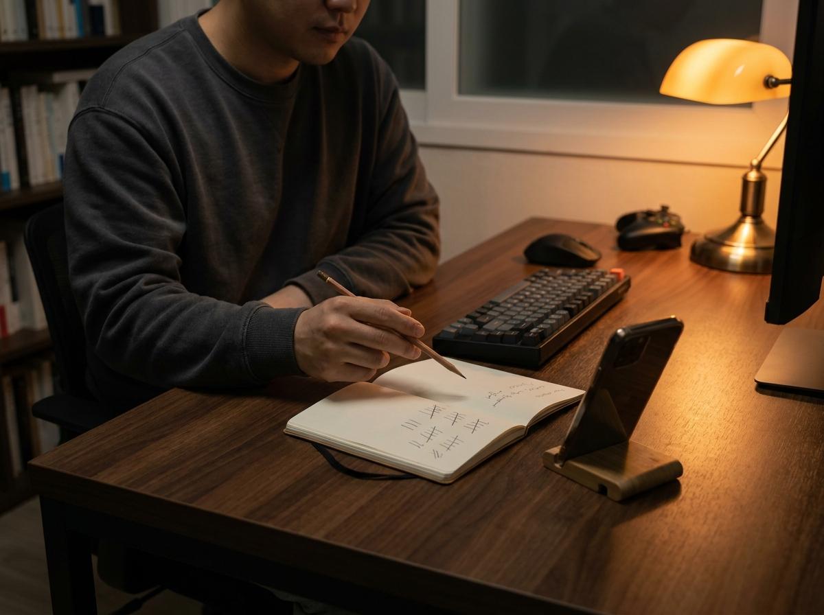 휴대전화 옆 수첩에 이벤트 진행 순서를 기록하는 모습
