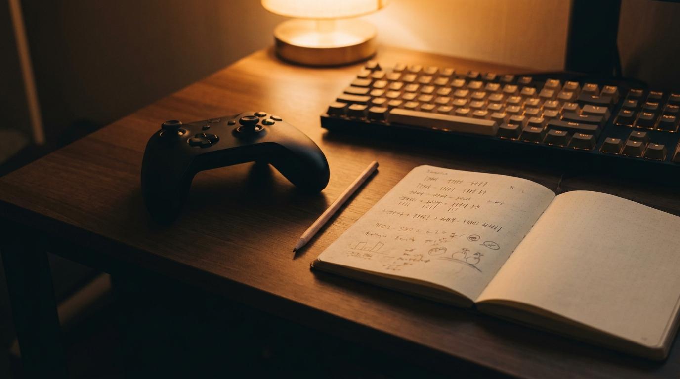 참여 전 확인할 메모장과 게임 컨트롤러가 놓인 책상