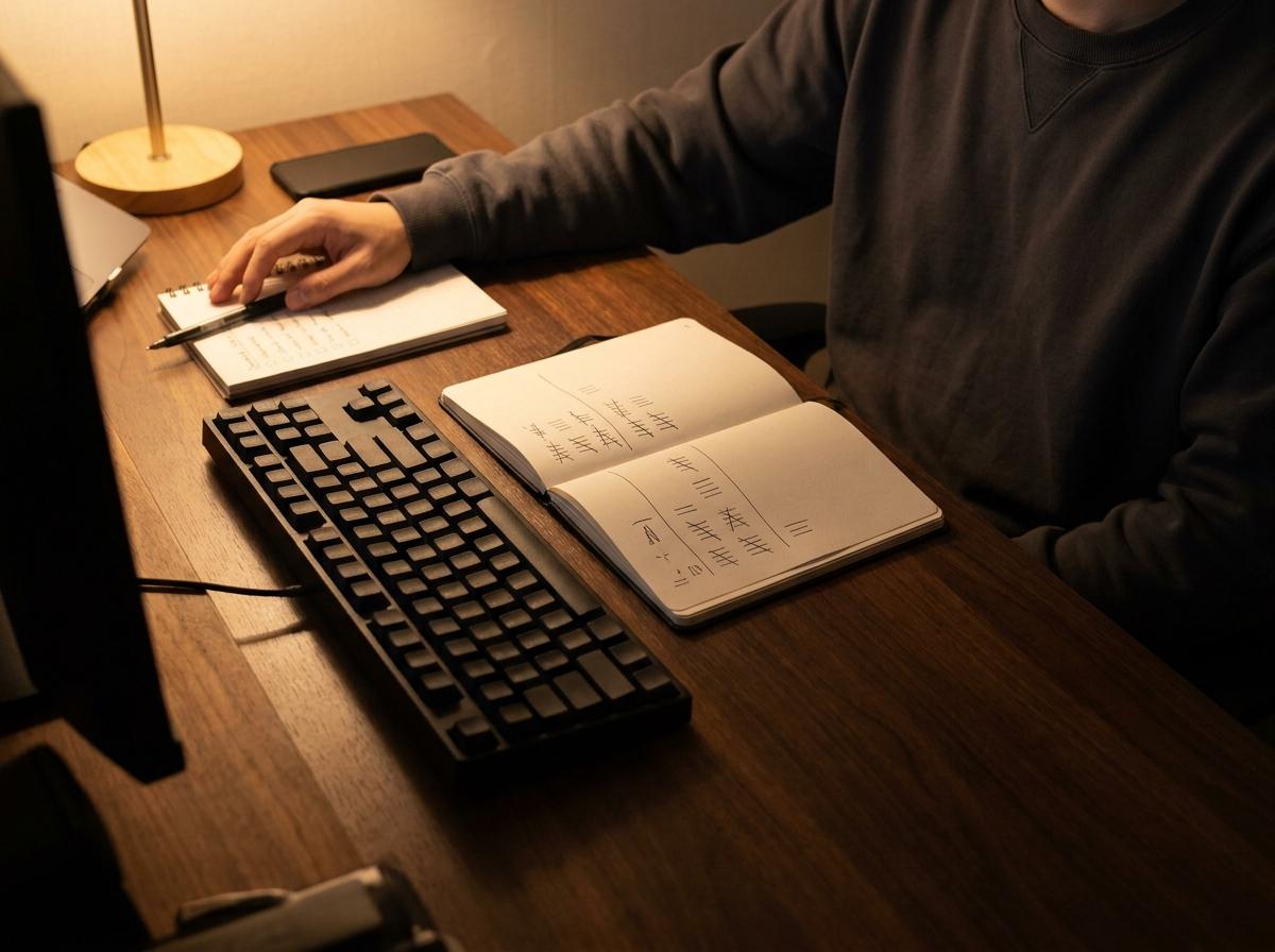 키보드 옆 노트에 복귀 점검 순서를 기록하는 모습