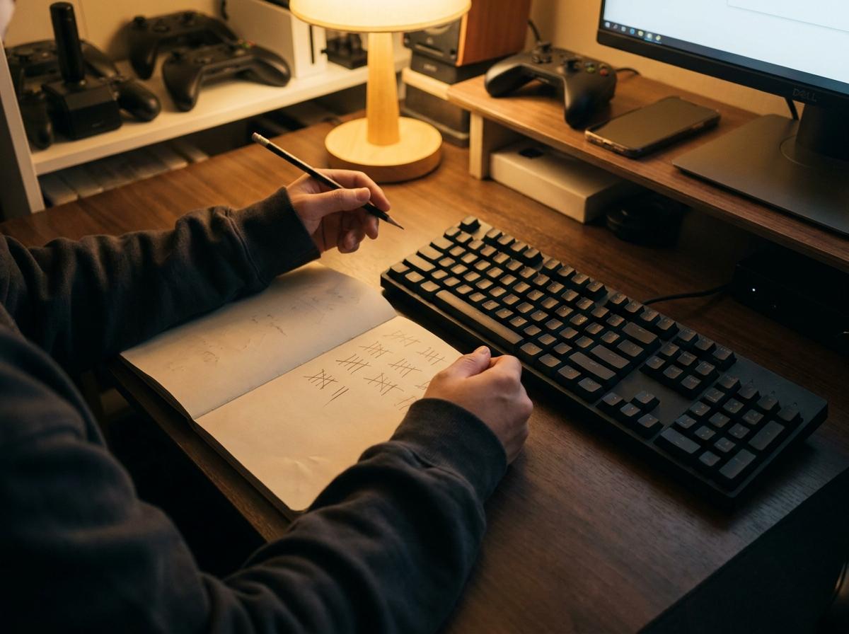 어두운 책상에서 키보드 옆 노트에 공지 점검 순서를 기록하는 손