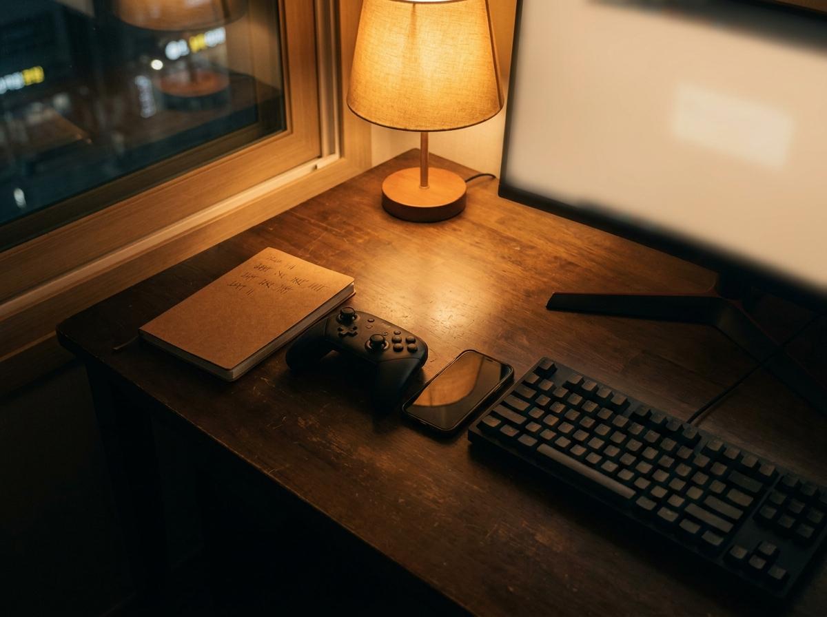 게임 패드 옆 메모장으로 접속 전 할 일을 정리하는 책상