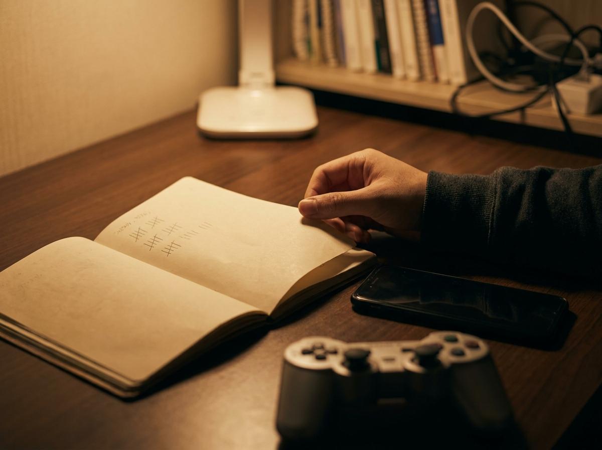 휴대전화 옆에서 회고 확인 순서를 메모하는 책상