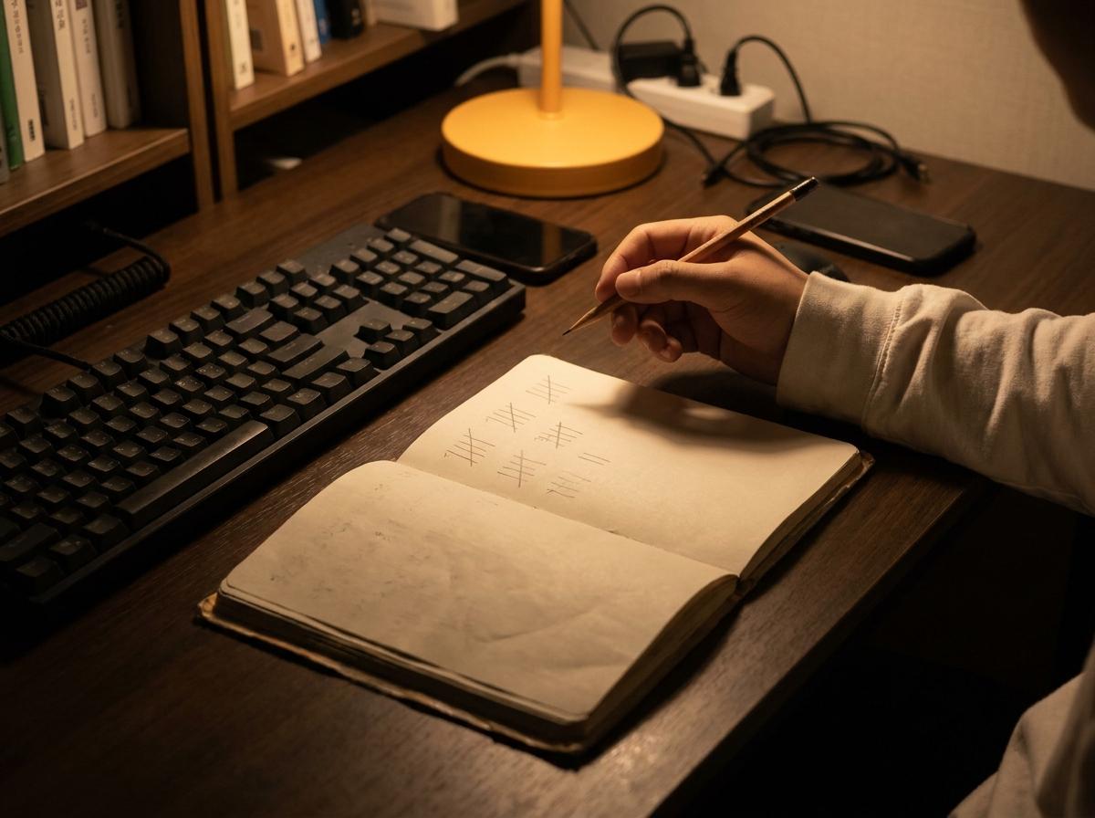 어두운 책상에서 게임 행사 일정을 메모하는 손과 노트
