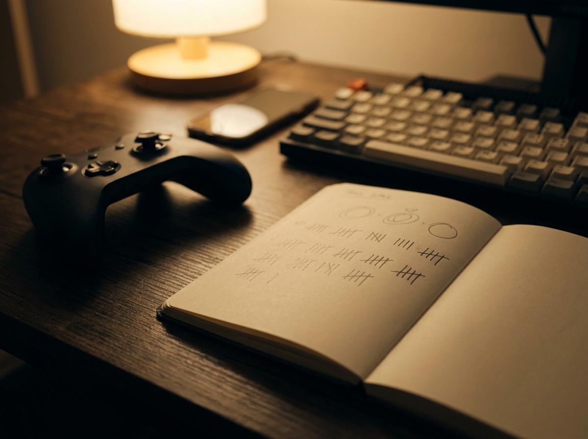 게임 패드 옆 노트에 보상 종류를 나눠 기록한 모습