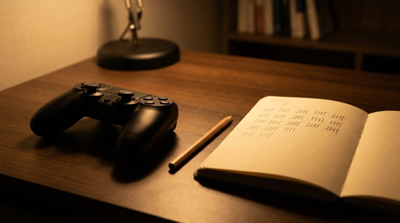 퍼스널 버닝 캐릭터 선택 기준 — 어두운 책상 위 컨트롤러와 캐릭터 선택 계획을 위한 노트